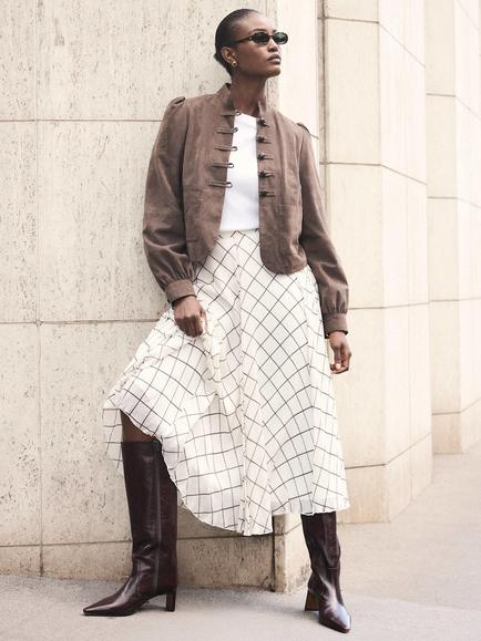 Mint Velvet Check A-Line Midi Skirt, Natural - view 2, Natural