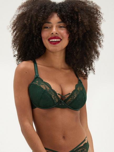Boux Avenue Adelaide Floral Lace Padded Plunge Bra, Deep Green, Deep Green