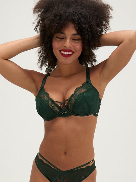 Boux Avenue Adelaide Floral Lace Padded Plunge Bra, Deep Green - view 2, Deep Green