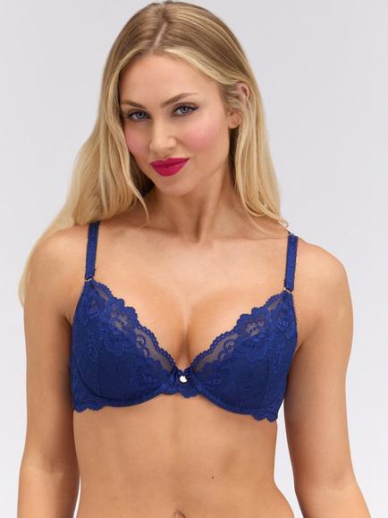 Boux Avenue Harper Floral Lace Padded Balconette Bra, Midnight Blue, Midnight Blue