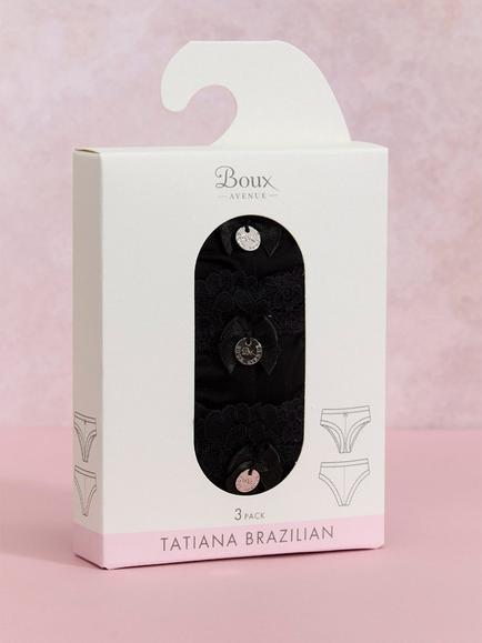 Boux Avenue Tatiana Lace Trim Brazilian Knickers, Pack of 3, Black - view 2, Black