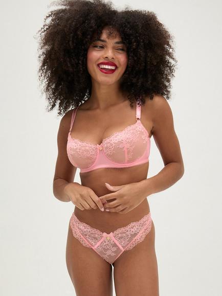 Boux Avenue Elsbeth Sheer Floral Lace Balconette Bra, Rose Pink - view 2, Rose Pink
