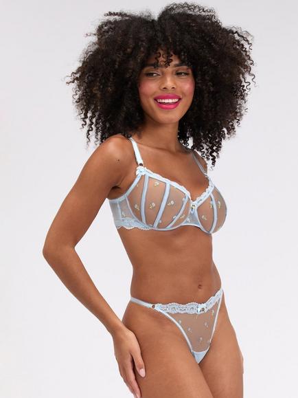 Boux Avenue Delilah Embroidered Underwired Balconette Bra, Light Blue - view 2, Light Blue