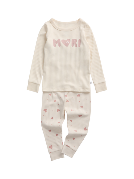 MORI Kids' Long Sleeve Heart Print Pyjama Set, Cream, Cream