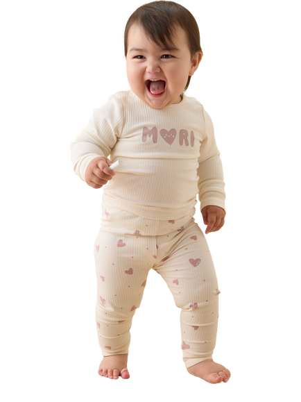 MORI Kids' Long Sleeve Heart Print Pyjama Set, Cream - view 2, Cream