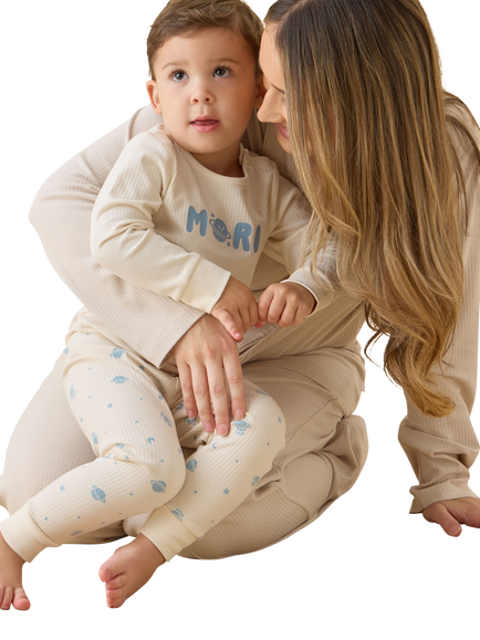 MORI Kids' Long Sleeve Space Print Pyjama Set, Cream - view 2, Cream