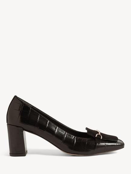 Hobbs Jaida Leather Croc Effect Block Heel Courts, Black, Black