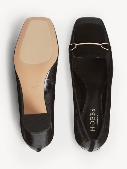 Hobbs Jaida Leather Croc Effect Block Heel Courts, Black - view 2, Black