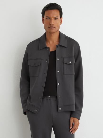 Reiss Thom Premium Interlock Twin Pocket Overshirt, Charcoal Grey, Charcoal Grey