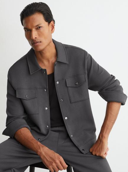 Reiss Thom Premium Interlock Twin Pocket Overshirt, Charcoal Grey - view 2, Charcoal Grey