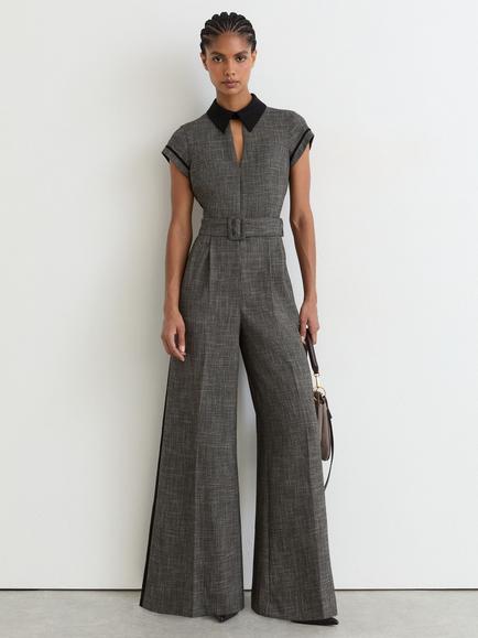 Reiss Bella Collared Cap Sleeve Wide Leg Belted Jumpsuit, Grey, Grey