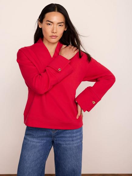 Mint Velvet Cotton V-Neck Button Detail Sweatshirt, Red, Red