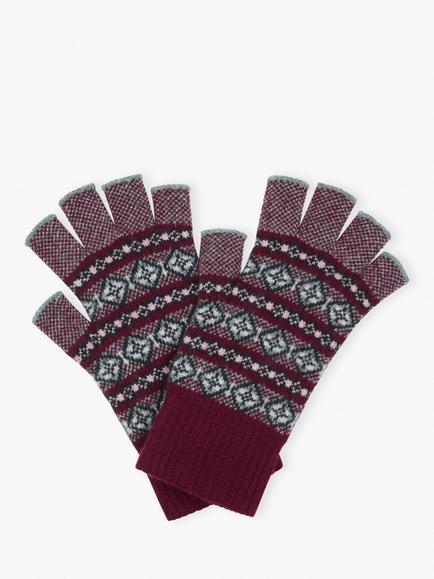 Brora Cashmere Fingerless Fair Isle Gloves, Black, Claret