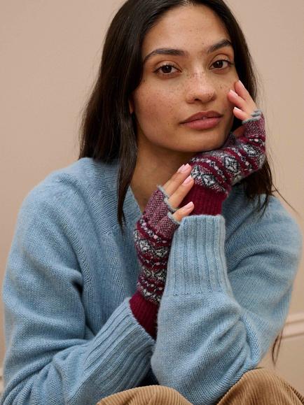 Brora Cashmere Fingerless Fair Isle Gloves, Black - view 2, Claret