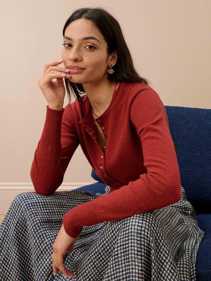 Brora Cashmere Round Neck Cardigan, Paprika - view 2, Paprika