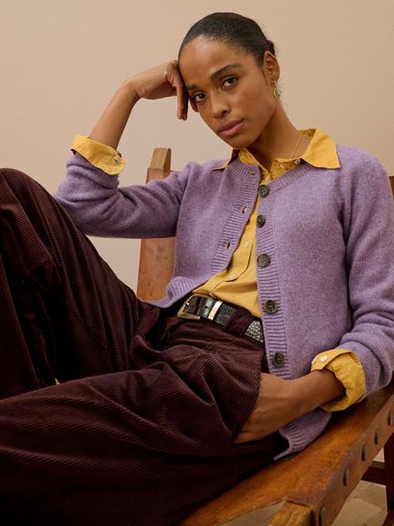 Brora Cashmere Round Neck Cardigan, Heron - view 2, Heron