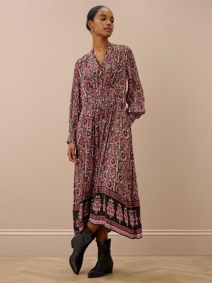 Brora Paisley Floral Fit and Flare Midi Dress, Pomegranate, Pomegranate