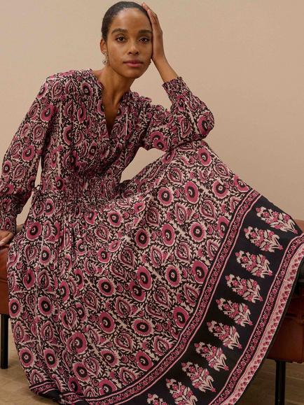 Brora Paisley Floral Fit and Flare Midi Dress, Pomegranate - view 2, Pomegranate