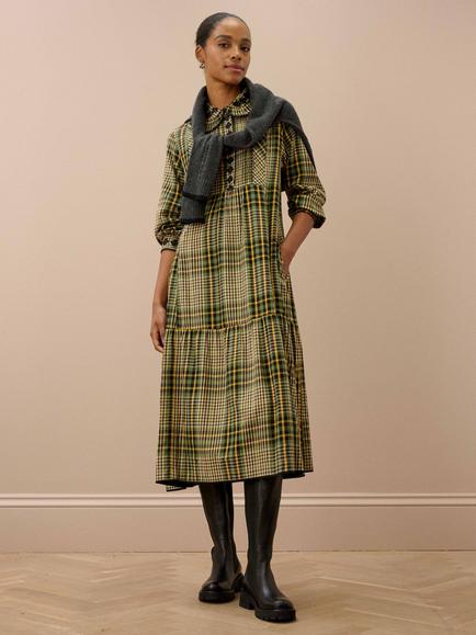 Brora Check Fit and Flare Shirt Midi Dress, Oatmeal/Sage, Oatmeal/Sage