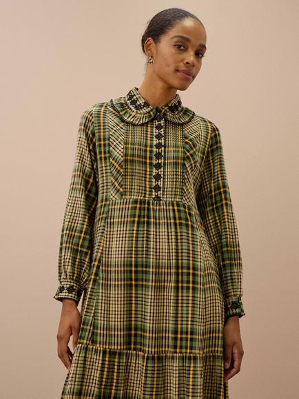 Brora Check Fit and Flare Shirt Midi Dress, Oatmeal/Sage - view 2, Oatmeal/Sage