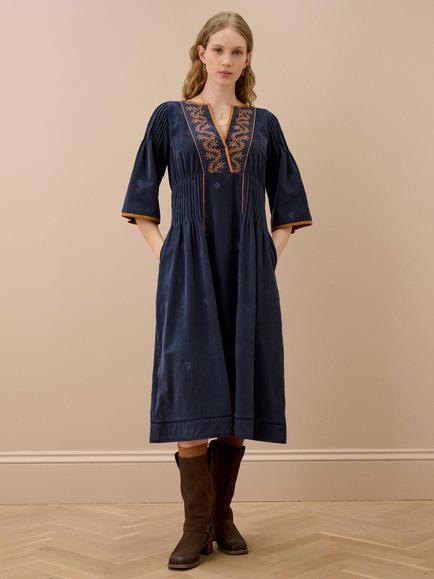 Brora Embroidered Needlecord Dress, Indigo, Indigo