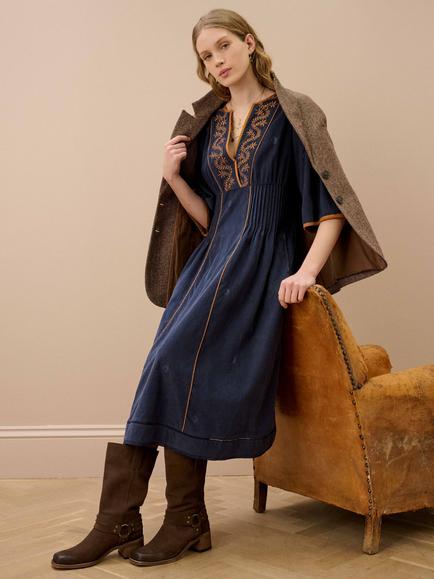 Brora Embroidered Needlecord Dress, Indigo - view 2, Indigo