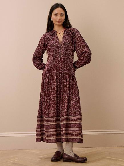 Brora Floral Patchwork Fit and Flare V-Neck Midi Dress, Aubergine, Aubergine
