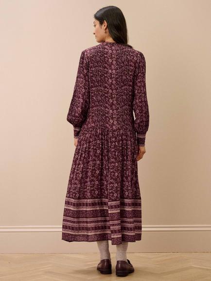 Brora Floral Patchwork Fit and Flare V-Neck Midi Dress, Aubergine - view 2, Aubergine