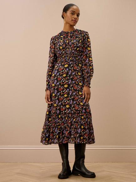Brora Silk Floral Fit and Flare Midi Dress, Black/Ochre, Black/Ochre