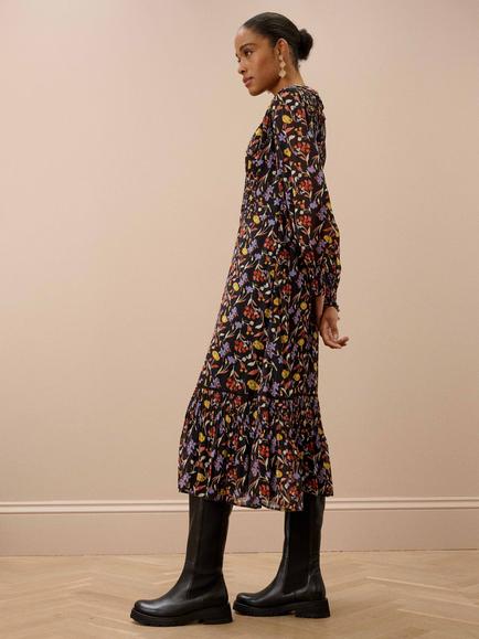 Brora Silk Floral Fit and Flare Midi Dress, Black/Ochre - view 2, Black/Ochre