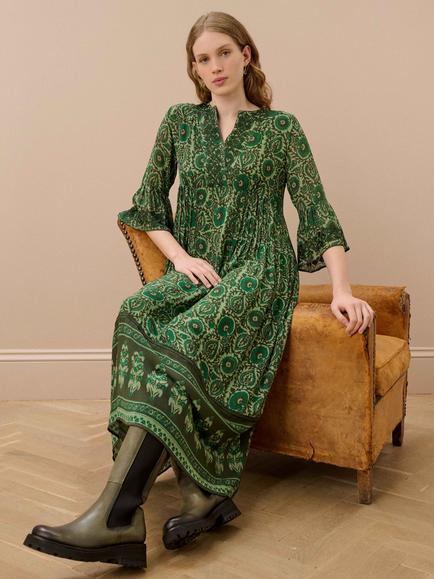 Brora Silk Embroidered Pintuck V-Neck Empire Line Midi Dress, Mallard - view 2, Mallard