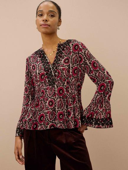 Brora Paisley Floral Long Sleeve Top, Pomegranate, Pomegranate
