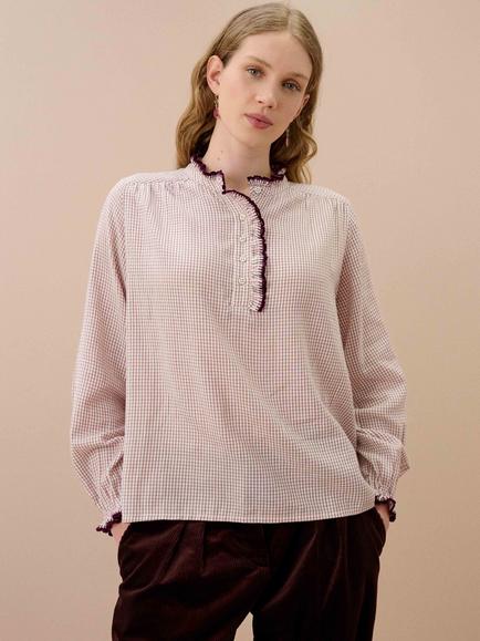 Brora Check Long Sleeve Top, Ivory/Damson, Ivory/Damson