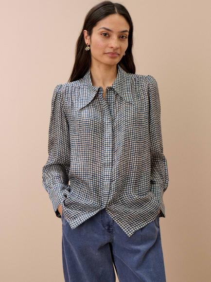 Brora Graphic Check Collar Shirt, Lake/Claret