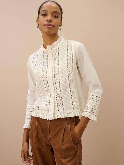Brora Cotton Broderie Anglaise Three Quarter Length Top, Cream, Cream