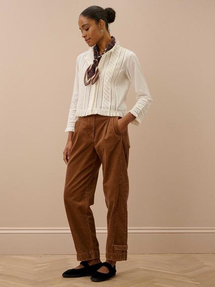 Brora Cotton Broderie Anglaise Three Quarter Length Top, Cream - view 2, Cream