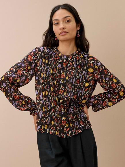 Brora Silk Floral Long Sleeve Top, Black/Ochre, Black/Ochre