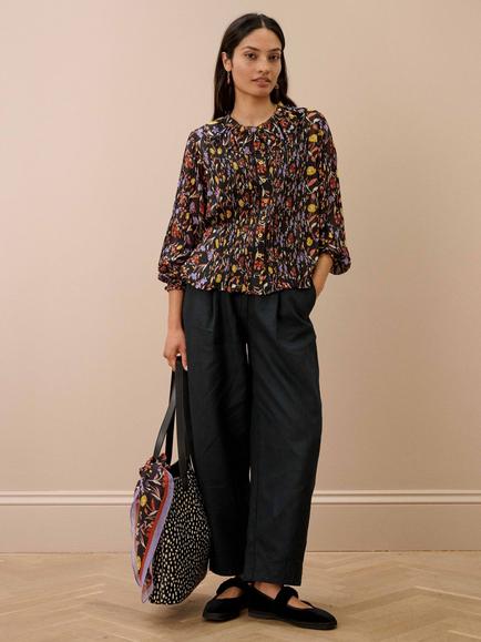 Brora Silk Floral Long Sleeve Top, Black/Ochre - view 2, Black/Ochre