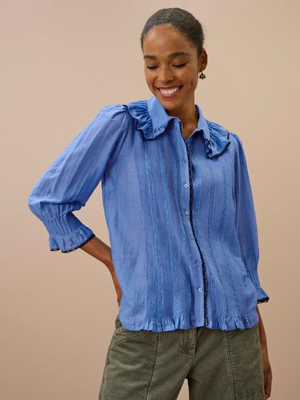 Brora Frill Cotton Rich Shirt, China Blue, China Blue
