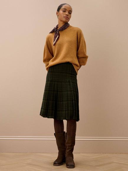Brora Check Pleated Skirt, Khaki/Black, Khaki/Black