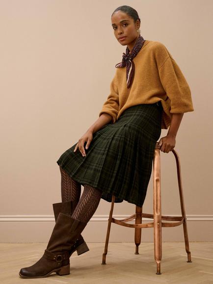 Brora Check Pleated Skirt, Khaki/Black - view 2, Khaki/Black
