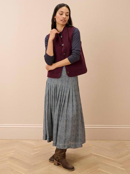Brora Graphic Check Pleated Maxi Skirt, Lake/Claret
