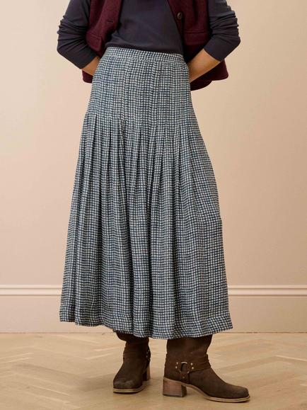 Brora Graphic Check Pleated Maxi Skirt - view 2, Lake/Claret