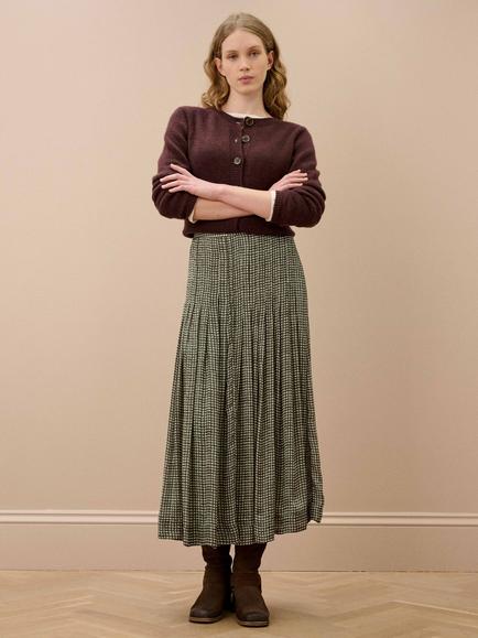 Brora Graphic Check Pleated Maxi Skirt, Tarragon/Cocoa