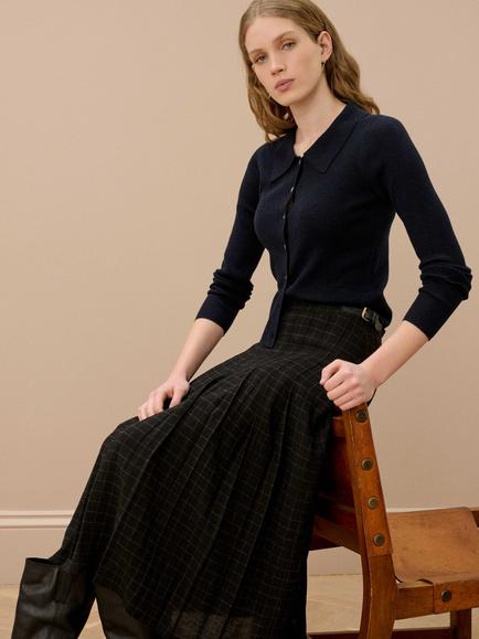 Brora Graphic Check Midi Kilt Skirt, Black - view 2, Black