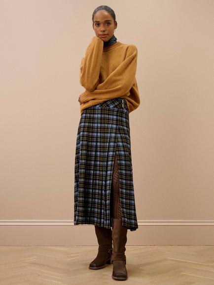 Brora Plaid Split Kilt Wool Blend Skirt, Black/Sky, Black/Sky