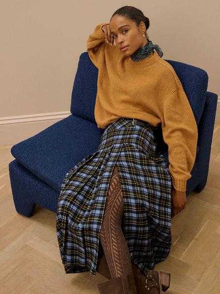 Brora Plaid Split Kilt Wool Blend Skirt, Black/Sky - view 2, Black/Sky