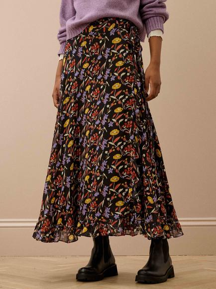 Brora Silk Bouquet Skirt, Black/Ochre - view 2, Black/Ochre