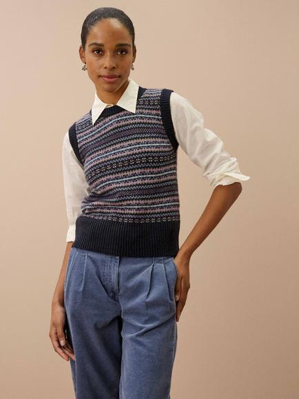 Brora Cashmere Fair Isle Round Neck Jumper, Midnight, Midnight