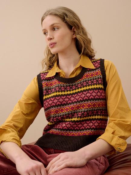 Brora Fair Isle Wool Sleeveless Jumper, Conker - view 2, Conker